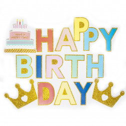 Гирлянда Happy Birthday (разноцветные буквы и короны), с блестками, 200 см, 1 упак.