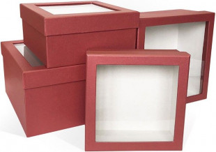 Набор коробок Прозрачное окно, Тиснение вельвет, Красный, 23*23*13 см, 4 шт.
