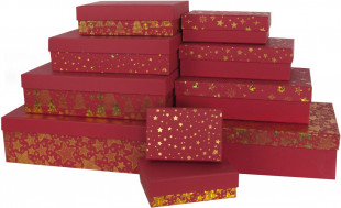 Набор коробок Новогодний, Красный/Золото, Металлик, 37*27*11 см, 10 шт.