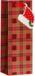 Пакет подарочный для вина, Новогодний в клетку, Дизайн №3, Красный, с блестками, 34,5*12,5*10 см, 1