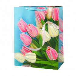 Пакет подарочный, Весенние тюльпаны, Дизайн №2, с блестками, 24*17*8 см, 1 шт.