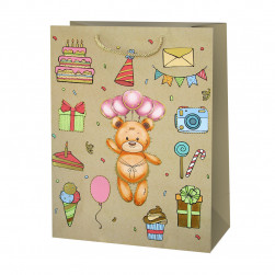 Пакет подарочный, Мишка на День Рождения, Дизайн №1, Металлик, 23*18*10 см, 1 шт.