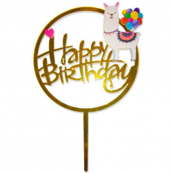 Топпер, Happy Birthday (лама и шарики), Золото, Металлик, 1 шт.