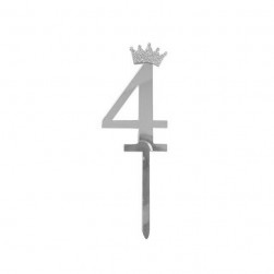 Топпер, Цифра, 4, с короной, Серебро, Металлик, 7*18 см, 1 шт.