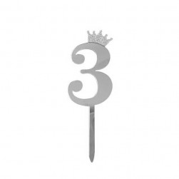 Топпер, Цифра, 3, с короной, Серебро, Металлик, 7*18 см, 1 шт.