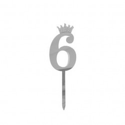 Топпер, Цифра, 6, с короной, Серебро, Металлик, 7*18 см, 1 шт.