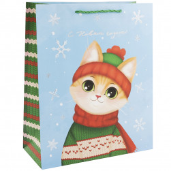 Пакет подарочный, 210гр, С Новым годом! (котик в шапочке), 41*26*12 см, 1 шт.