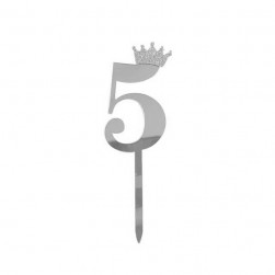 Топпер, Цифра, 5, с короной, Серебро, Металлик, 7*18 см, 1 шт.
