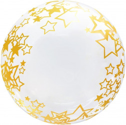 Шар (18''/46 см) Deco Bubble, Золотые звезды, Прозрачный, Кристалл, 1 шт. в уп.