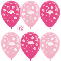 Шар (12''/30 см) Фламинго и листья, Фуше (012)/Розовый (009), пастель, 5 ст, 50 шт.