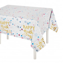 Скатерть одноразовая, Happy Birthday (звезды), Белый, Металлик, 137*183 см, 1 шт.