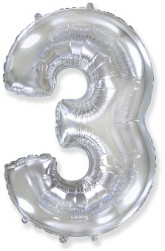 Шар (40''/102 см) Цифра, 3, Серебро, 1 шт.