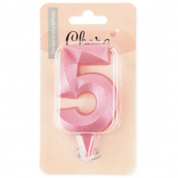 Свеча Цифра, 5 Грани, Розовый, 7 см, 1 шт. с держат.