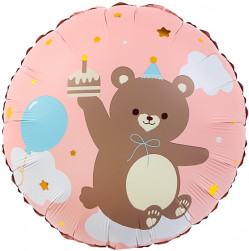 Шар (18''/46 см) Круг, Мишка с кексиком, Розовый, 1 шт. в уп.