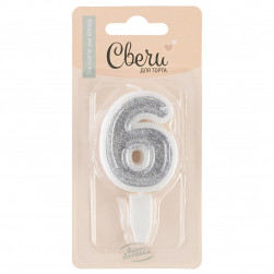 Свеча Цифра, 6, Серебро, с блестками, 5 см, 1 шт. с держат.