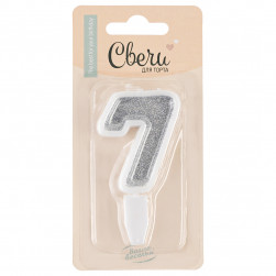 Свеча Цифра, 7, Серебро, с блестками, 5 см, 1 шт. с держат.