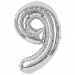 Шар (40''/102 см) Цифра, 9, Серебро, Металлик, 1 шт. в уп.