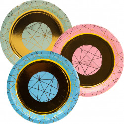 Тарелки (7''/18 см) С Днем Рождения! (геометрия линий), Ассорти, Металлик, 6 шт.