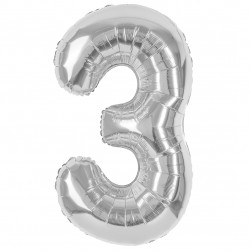 Шар (40''/102 см) Цифра, 3, Серебро, Металлик, 1 шт. в уп.