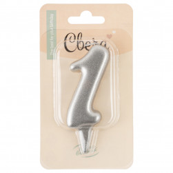 Свеча Цифра, 1 Овал, Серебро, Металлик, 7 см, 1 шт. с держат.