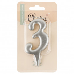 Свеча Цифра, 3 Овал, Серебро, Металлик, 7 см, 1 шт. с держат.