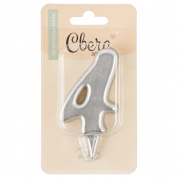 Свеча Цифра, 4 Овал, Серебро, Металлик, 7 см, 1 шт. с держат.