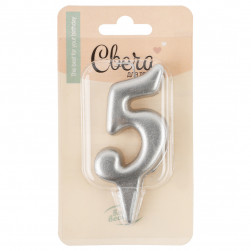 Свеча Цифра, 5 Овал, Серебро, Металлик, 7 см, 1 шт. с держат.