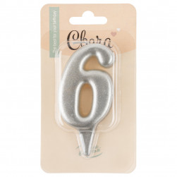 Свеча Цифра, 6 Овал, Серебро, Металлик, 7 см, 1 шт. с держат.