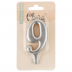 Свеча Цифра, 9 Овал, Серебро, Металлик, 7 см, 1 шт. с держат.