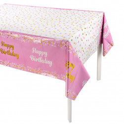 Скатерть одноразовая, Happy Birthday (звезды и конфетти), Белый/Розовый, Металлик, 137*183 см, 1 шт.