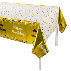 Скатерть одноразовая, Happy Birthday (звезды и конфетти), Белый/Золото, Металлик, 137*183 см, 1 шт.