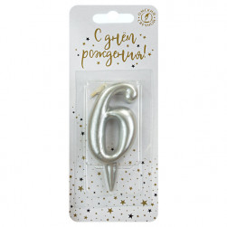 Свеча Цифра, 6, Серебро, 6 см, 1 шт. с держат.