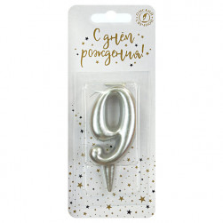 Свеча Цифра, 9, Серебро, 6 см, 1 шт. с держат.