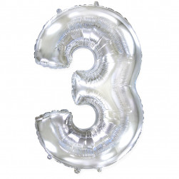 Шар (40''/102 см) Цифра, 3, Серебро, 1 шт. в уп.