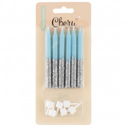 Свечи Сверкающий глиттер, Голубой/Серебро, с блестками, 0,77*8 см, 6 шт. с держат.