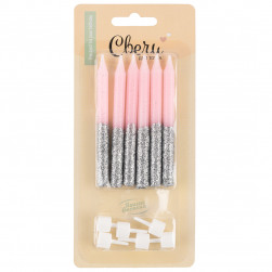 Свечи Сверкающий глиттер, Розовый/Серебро, с блестками, 0,77*8 см, 6 шт. с держат.