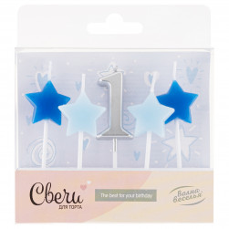 Набор свечей 1-ый День Рождения Мальчика, Серебро/Голубой, 2,5*3,5 + 4 см, 5 шт. с держат.