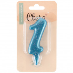 Свеча Цифра, 1 Овал, Синий, с блестками, 4*8 см, 1 шт. с держат.
