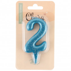 Свеча Цифра, 2 Овал, Синий, с блестками, 4*8 см, 1 шт. с держат.