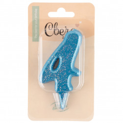 Свеча Цифра, 4 Овал, Синий, с блестками, 4*8 см, 1 шт. с держат.