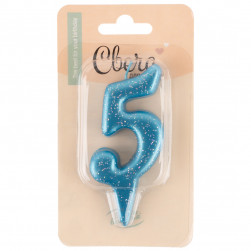 Свеча Цифра, 5 Овал, Синий, с блестками, 4*8 см, 1 шт. с держат.