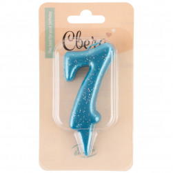 Свеча Цифра, 7 Овал, Синий, с блестками, 4*8 см, 1 шт. с держат.