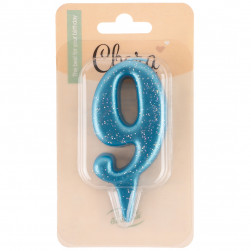 Свеча Цифра, 9 Овал, Синий, с блестками, 4*8 см, 1 шт. с держат.
