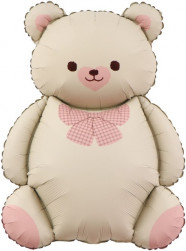 Шар (35''/89 см) Фигура, Мишка с бантом, Бежевый/Розовый, Сатин, 1 шт. в уп.