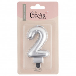 Свеча Цифра, 2 Воздушный шарик, Серебро, Металлик, 5*7 + 1 см, 1 шт. с держат.