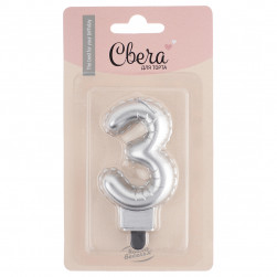 Свеча Цифра, 3 Воздушный шарик, Серебро, Металлик, 5*7 + 1 см, 1 шт. с держат.