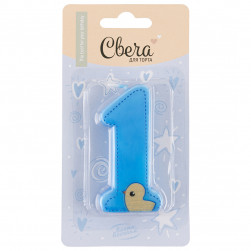 Свеча Цифра, 1 Утенок, Голубой, 7,5 см, 1 шт. с держат.
