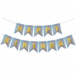 Гирлянда Флажки, Happy Birthday, Серебро, Голография, 350 см, 17*12 см, 1 упак.