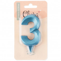 Свеча Цифра, 3 Грани, Синяя бирюза, 7 см, 1 шт. с держат.