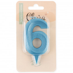 Свеча Цифра, 6 Грани, Синяя бирюза, 7 см, 1 шт. с держат.